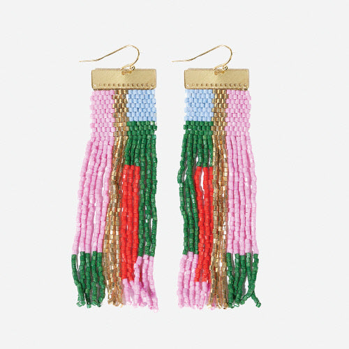 Mckenzie Brass Bar Fringe Earrings - Pink & Olive