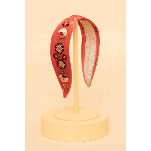 Embroidered Narrow Headband - Art Deco Floral Tangerine