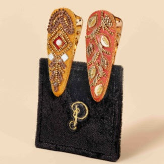 Diamond 60s Abstract Mustard Coral Jewelled Hair Clips