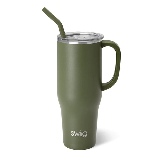 olive green color travel mug with handle and matching straw