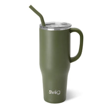 Load image into Gallery viewer, olive green color travel mug with handle and matching straw
