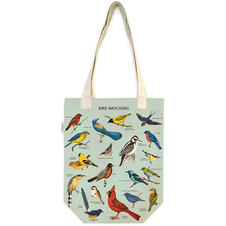 Tote bag with bird illustrations and 'Bird Watching' text on a light blue background