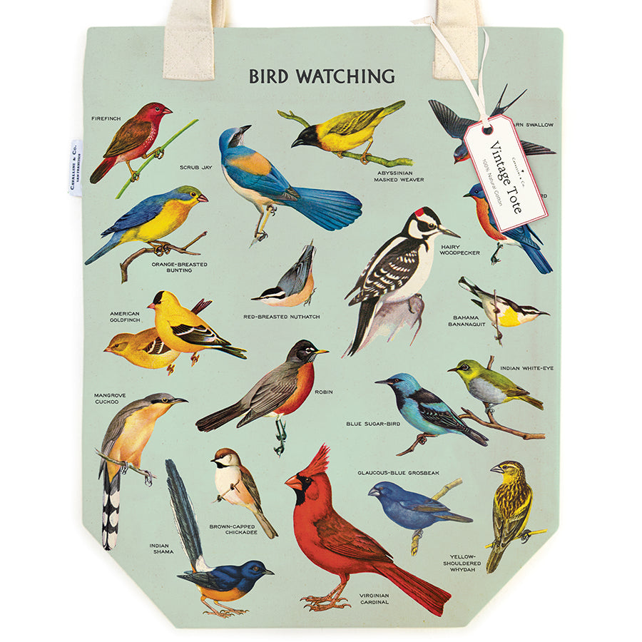 Tote bag with bird illustrations and their names against a light blue background