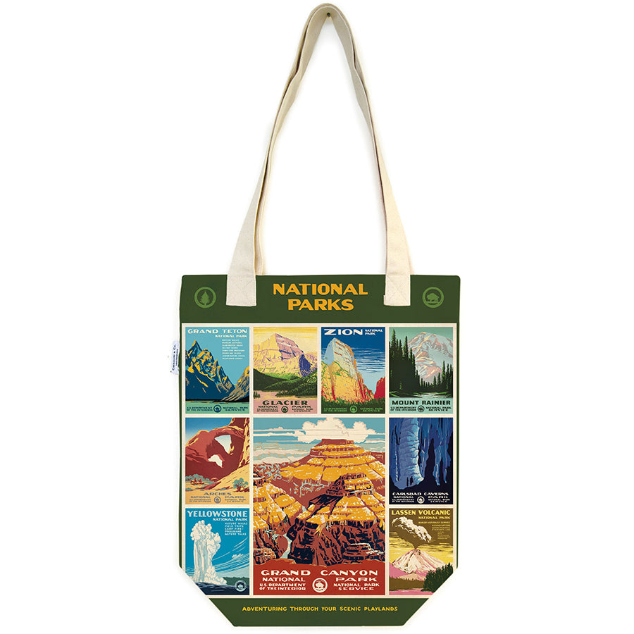 Tote bag with vintage National Parks posters. 
