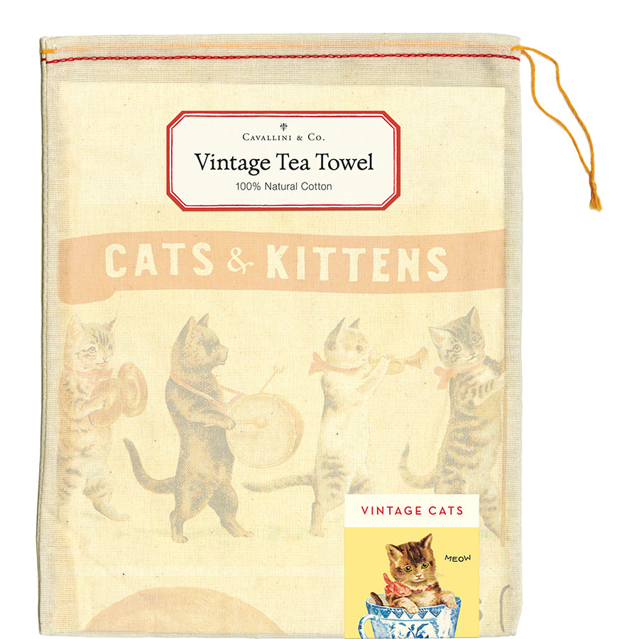 Vintage tea towel is packaged in a muslin pouch