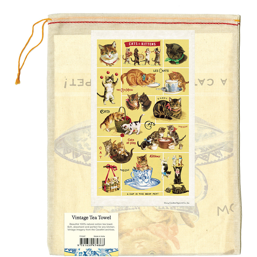 Vintage-style tea towel with cat illustrations 