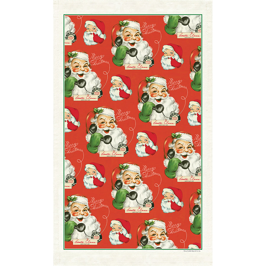 Tea towel featuring a vintage-style Santa Claus illustration on a red background. Santa is on the phone and saying "Merry Christmas"