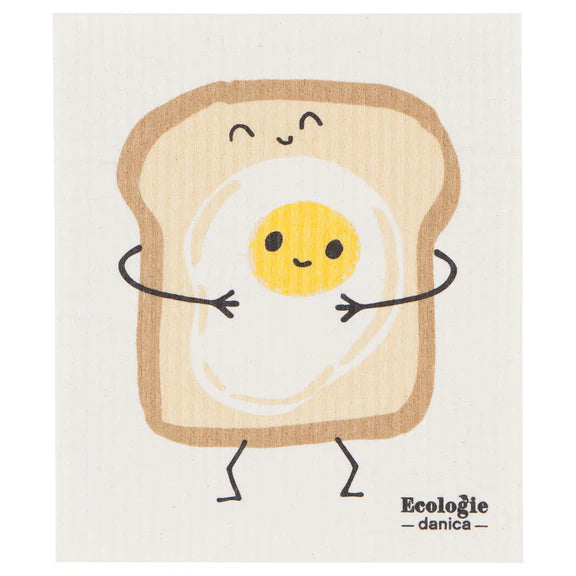 Reusable sponge cloth with a smiling egg on happy toast