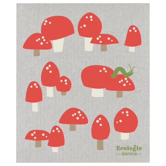 Gray reusable sponge cloth decorated with red and white toadstool mushrooms and a cute little caterpillar 