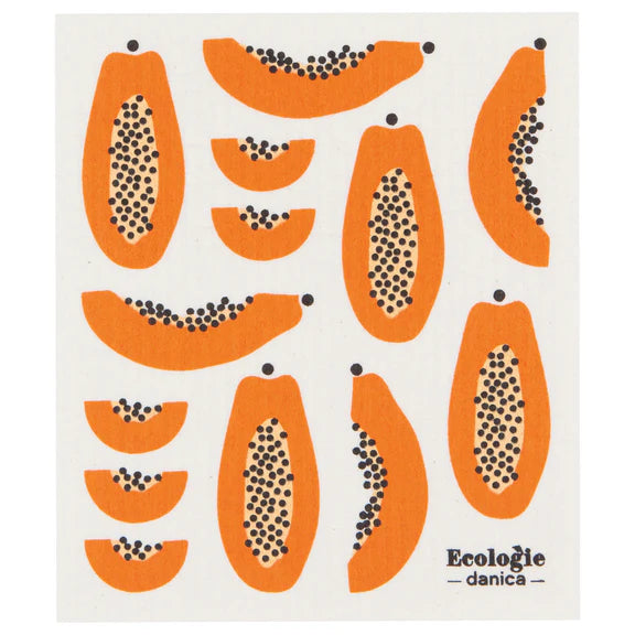 Reusable sponge cloth decorated with bright orange papaya with black polka dot seeds