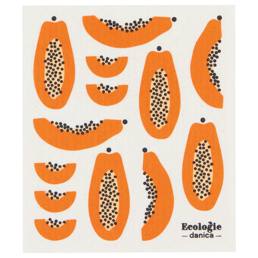 Reusable sponge cloth decorated with bright orange papaya with black polka dot seeds