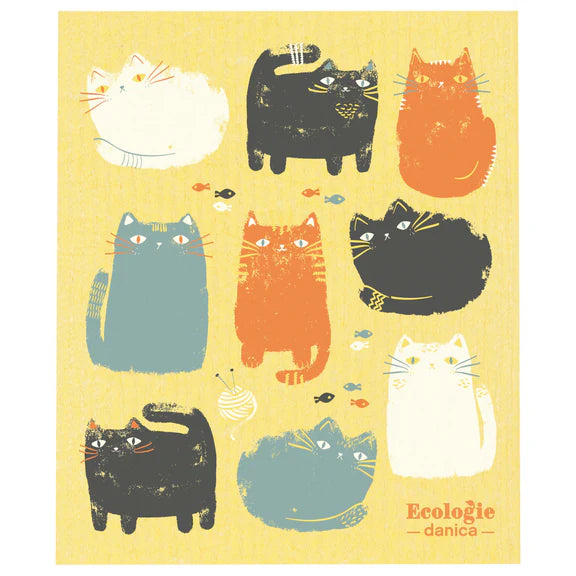 Golden yellow reusable sponge cloth with cutie black, white, orange, and gray kitties decorating it.