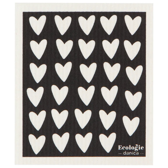 Black and white reusable sponge cloth covered in hearts