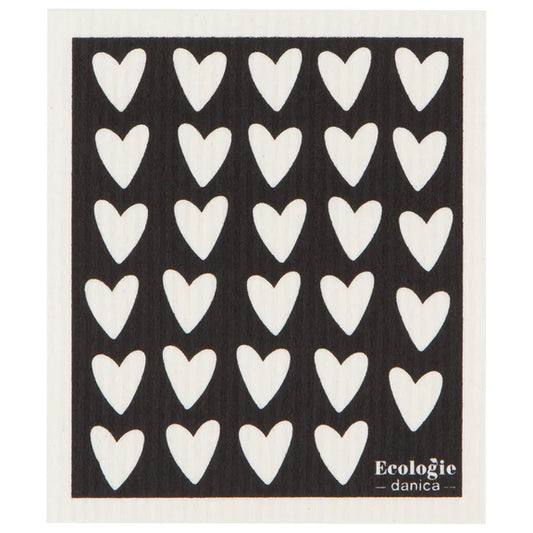Black and white reusable sponge cloth covered in hearts
