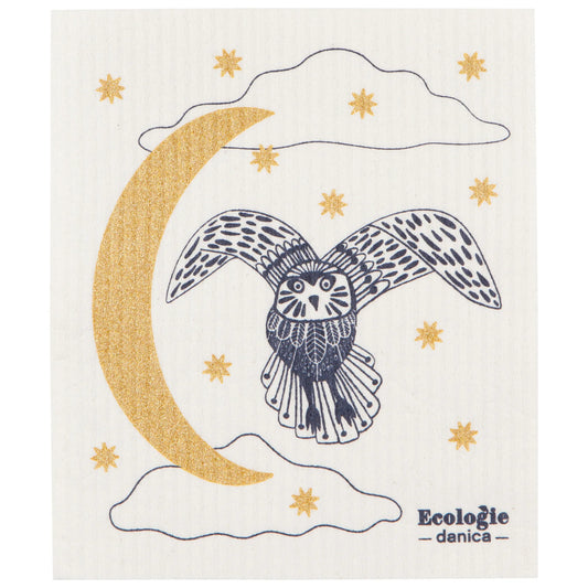 Reusable sponge cloth with a gold moon and stars and a flying owl