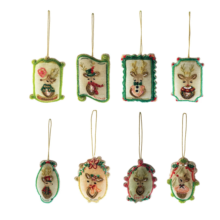 Your choice of eight decorative Christmas ornaments with Santa's reindeer in beads, sequins, and embroidery.

Ornaments sold individually.