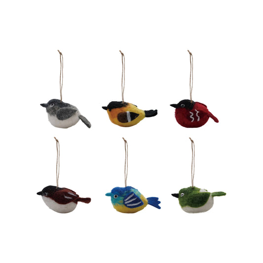Six colorful bird ornaments. Each bird is round and fat. Your choice of Gray & White, Yellow & Brown, Red & Black, Brown & White, Blue & Yellow, and Green & White

Sold individually, not as a set.