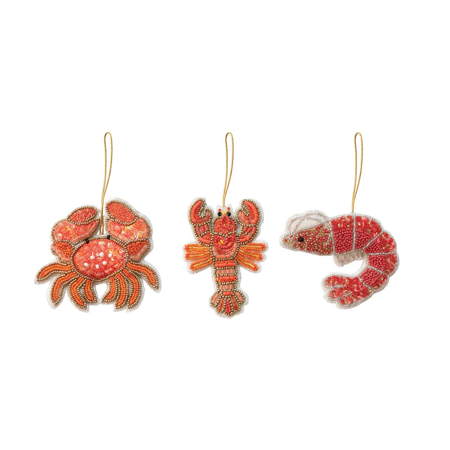 Trio of ornaments - crab, lobster, and shrimp, decorated with orange and gold  beads and  sequins

ornaments are sold individually and not as a set