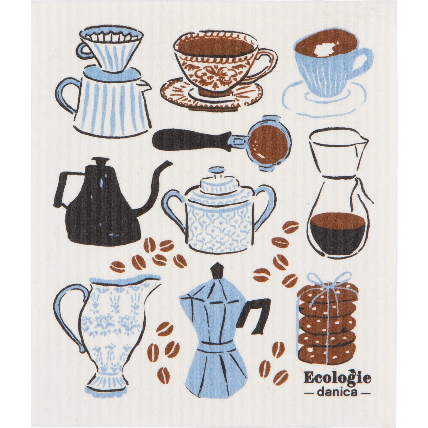 Reusable sponge cloth with drawing of various coffee pots, cups, and tools