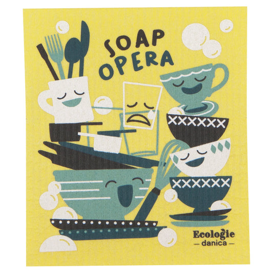 Yellow reusable sponge cloth with piles of dramatic dishes and soap bubbles that reads "soap opera"