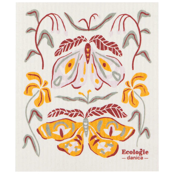 Reusable sponge cloth with colorful moths and flowers