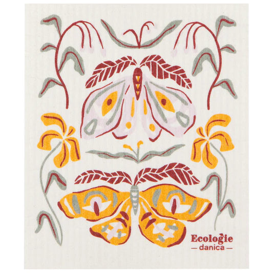 Reusable sponge cloth with colorful moths and flowers