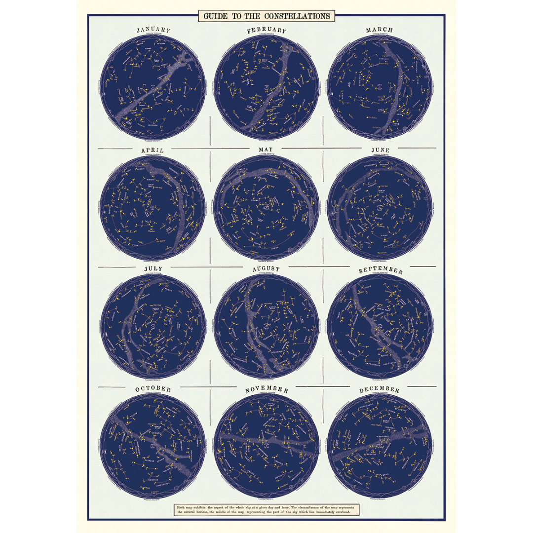 An art print and paper wrap which features a constallation chart during each of the months