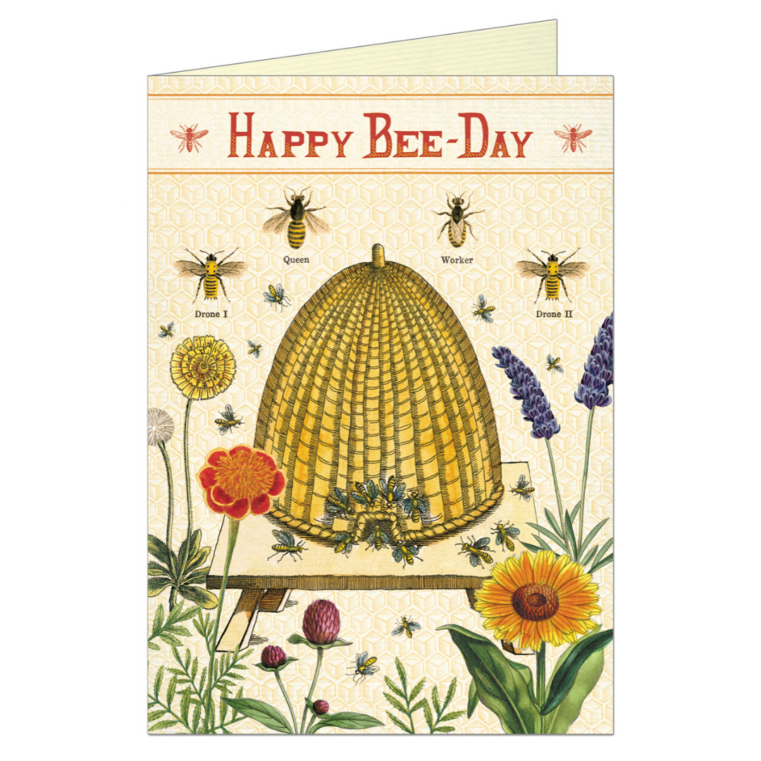 Greeting card that features vintage illustration of bees, saying "happy bee-day" as a birthday pun..