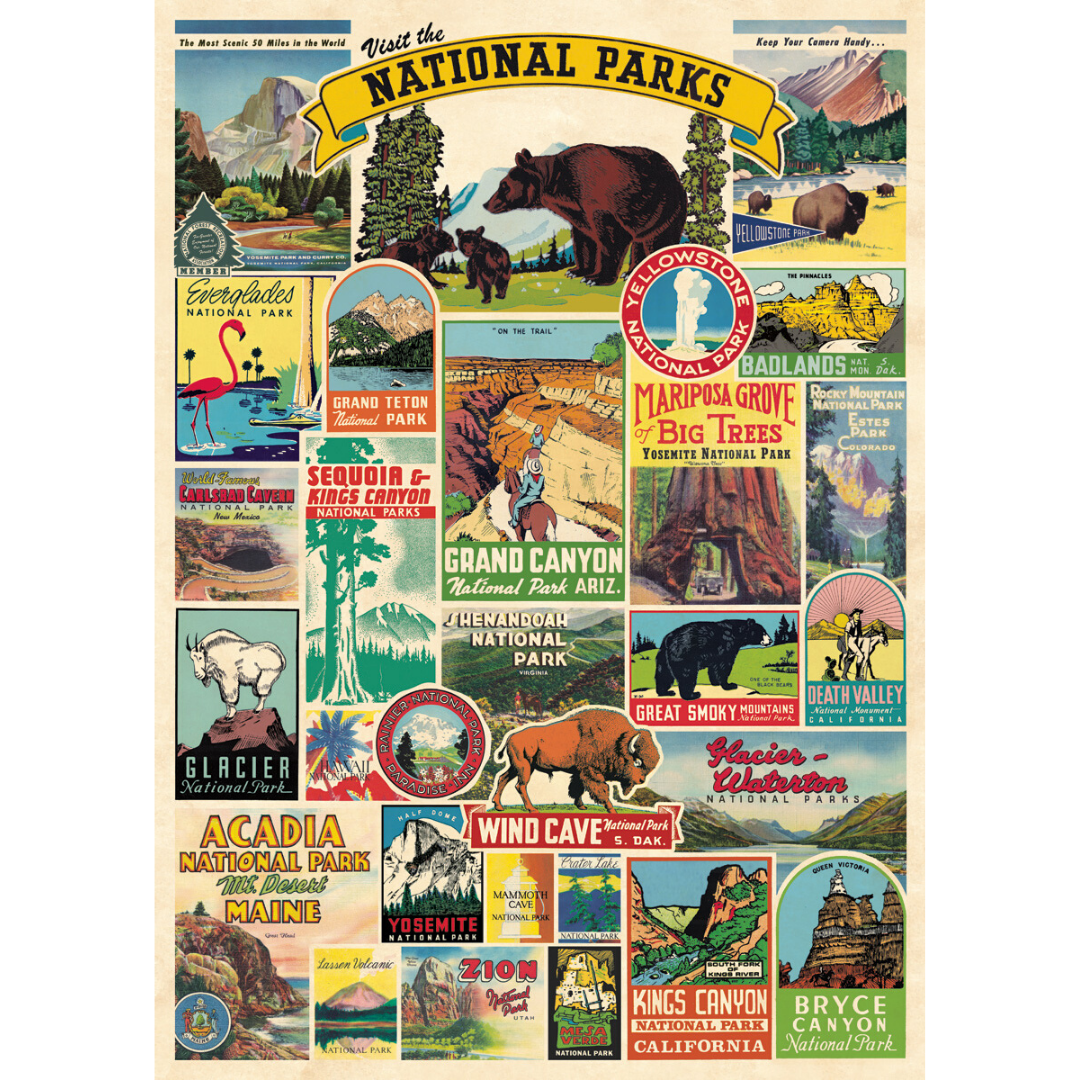 An art print and paper wrap which features various vintage national park posters