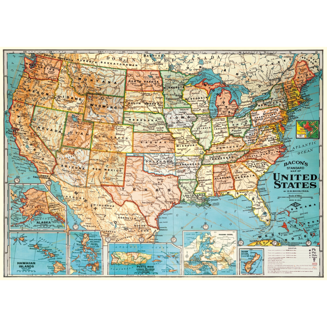 An art print and paper wrap which features a vinage map of the united states