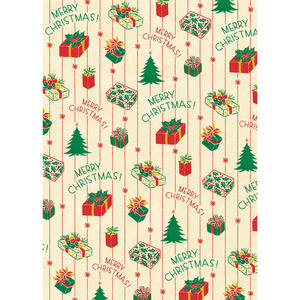 An art print and paper wrap which features various green and red presents
