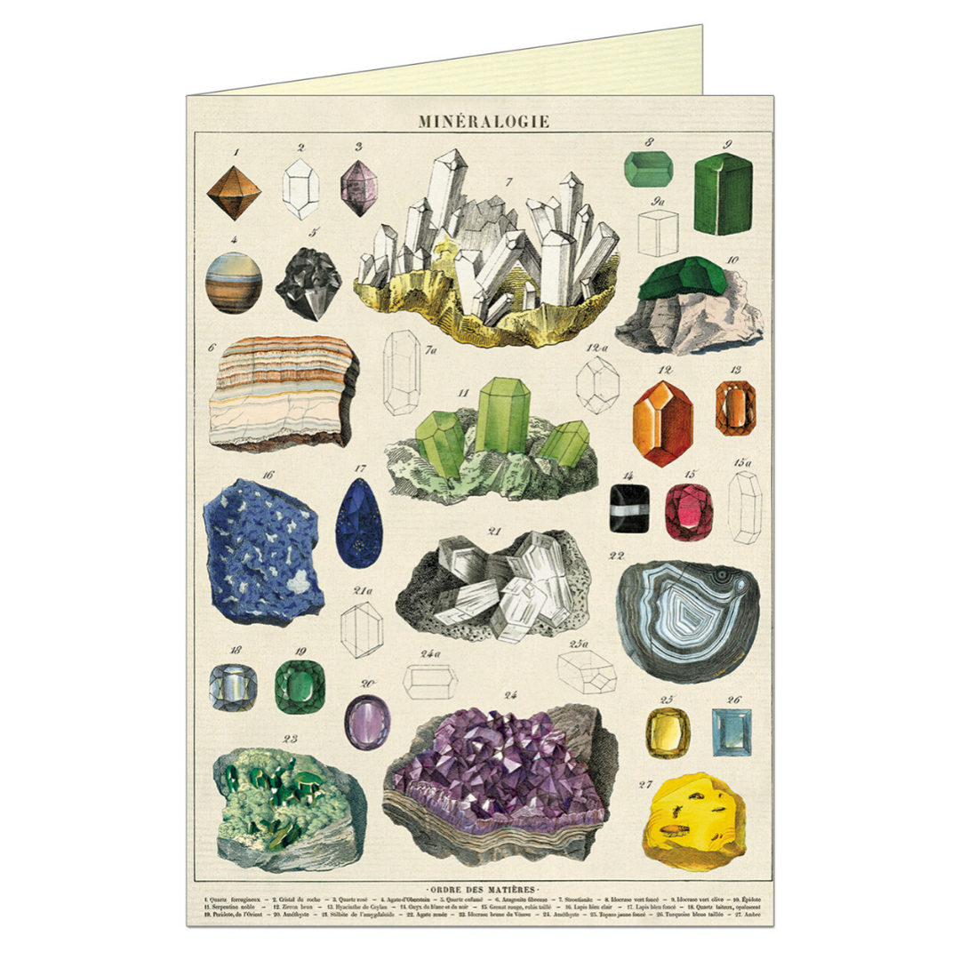 Vintage greeting card featuring various minerals.