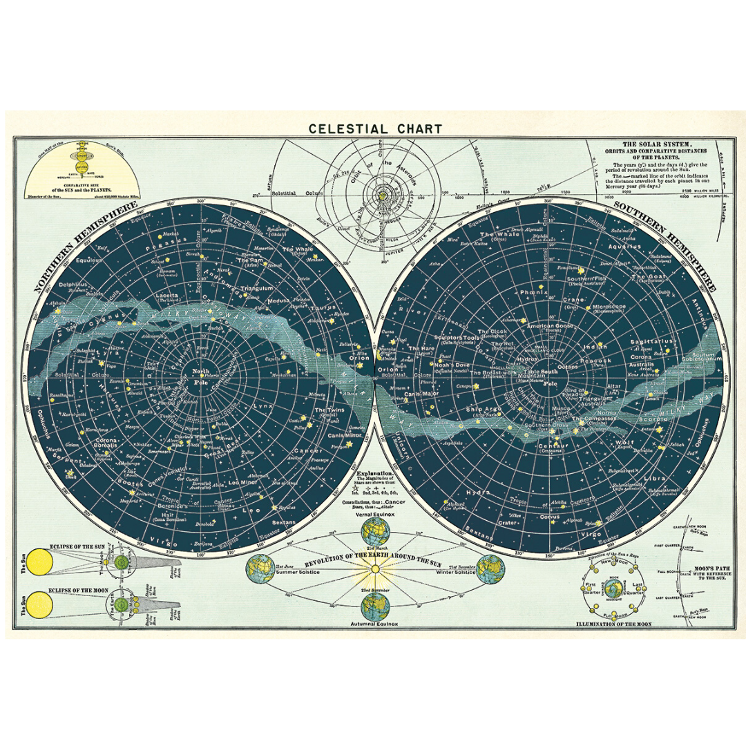 An art print and paper wrap which features a celestial chart of the night skies