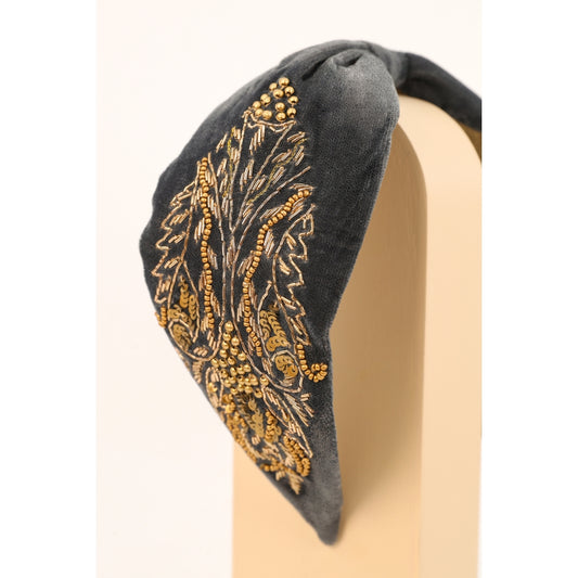 Embellished Wide Velvet Headband - Charcoal