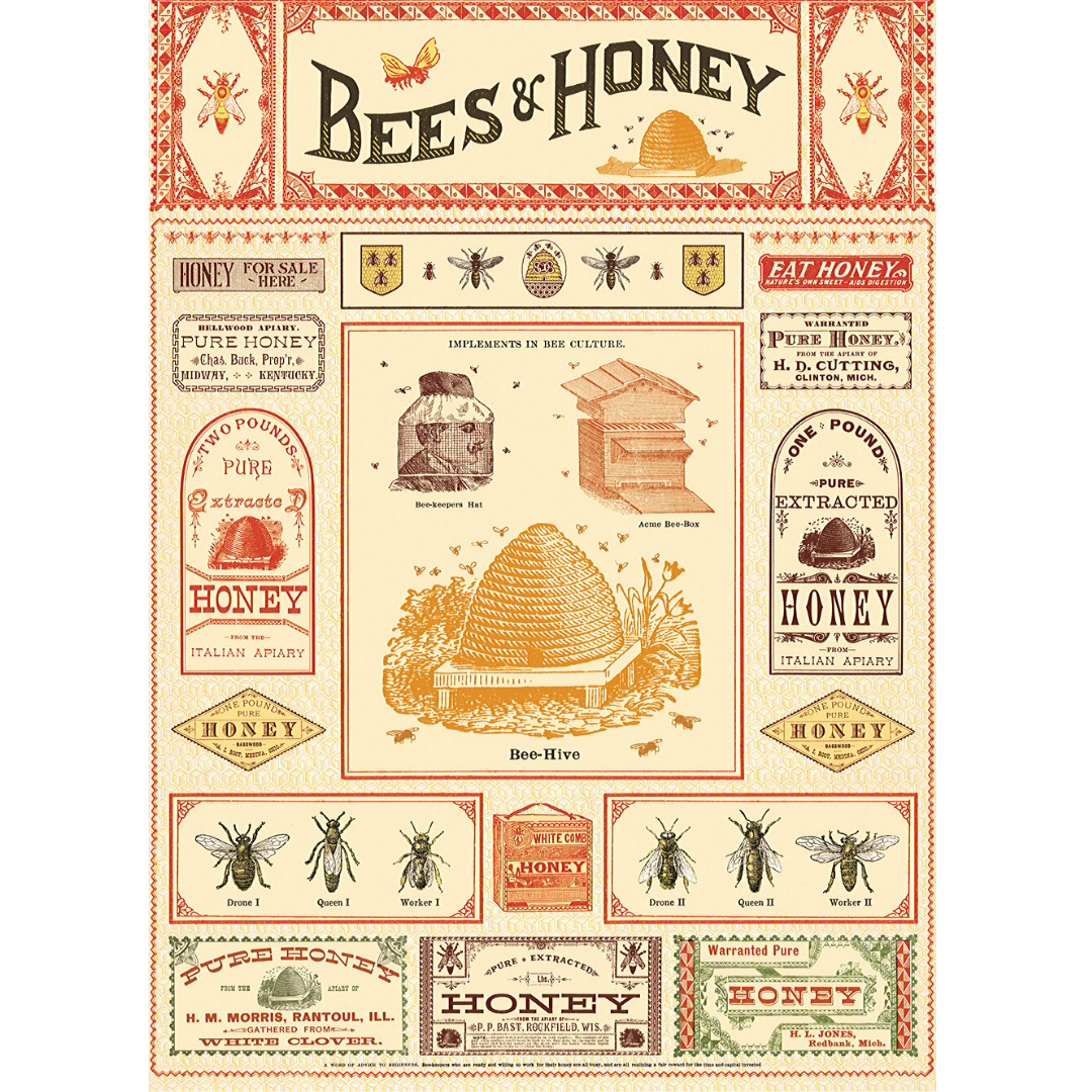 An art print and paper wrap which features an illustration of bee and honey advertisements and labelling