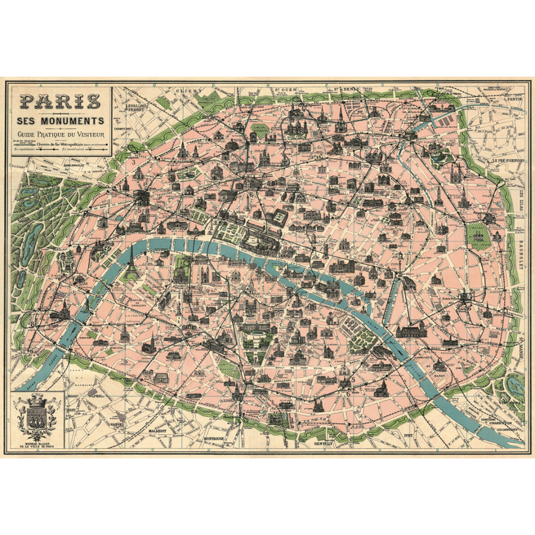 An art print and paper wrap which features a vinage map of paris