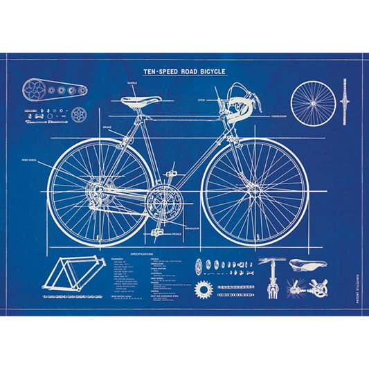 An art print and paper wrap which features a bicycle blueprint illustration.
