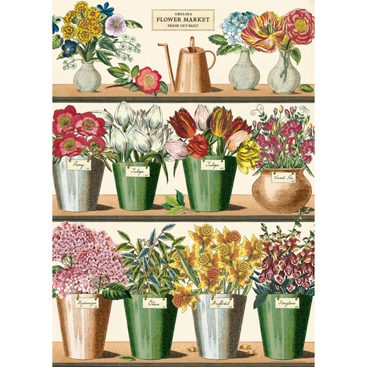 An art print and paper wrap which features various market flowers on a shelf