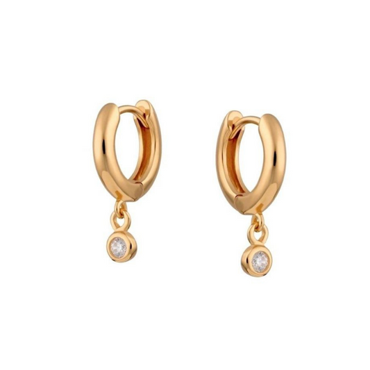 Bezel Drop Huggie Earrings-Gold