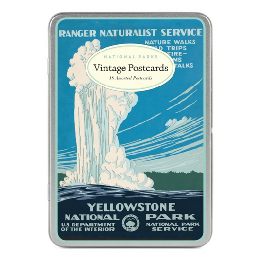 Packaging for Yellowstone National Park vintage postcards with a waterfall illustration on a blue background.