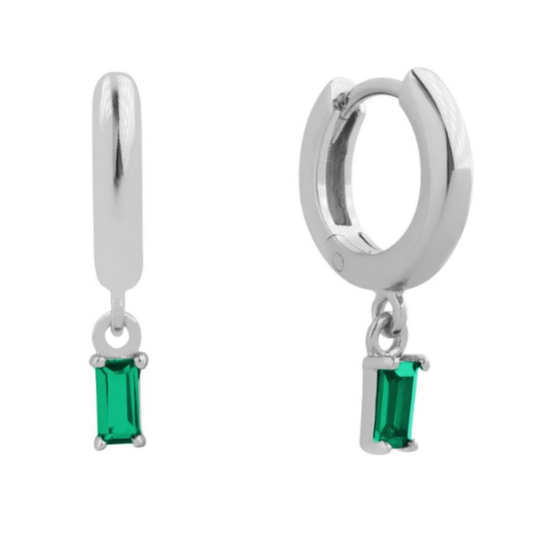 Silver Emerald Baguette Hoops