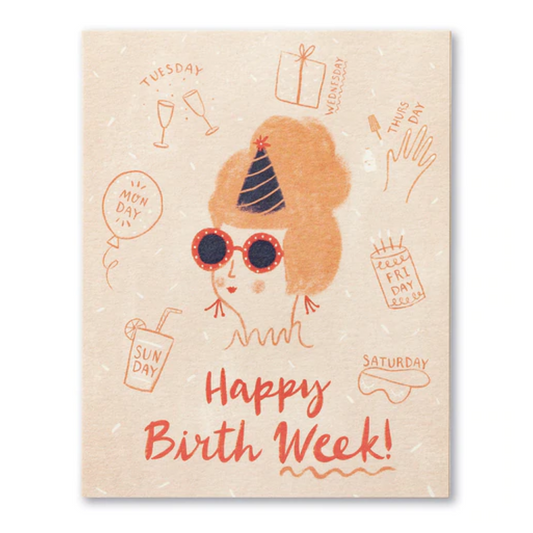 Birthday card with a lady in a beehive, party hat, and glasses with treats floating around her. "Happy birth WEEK!"