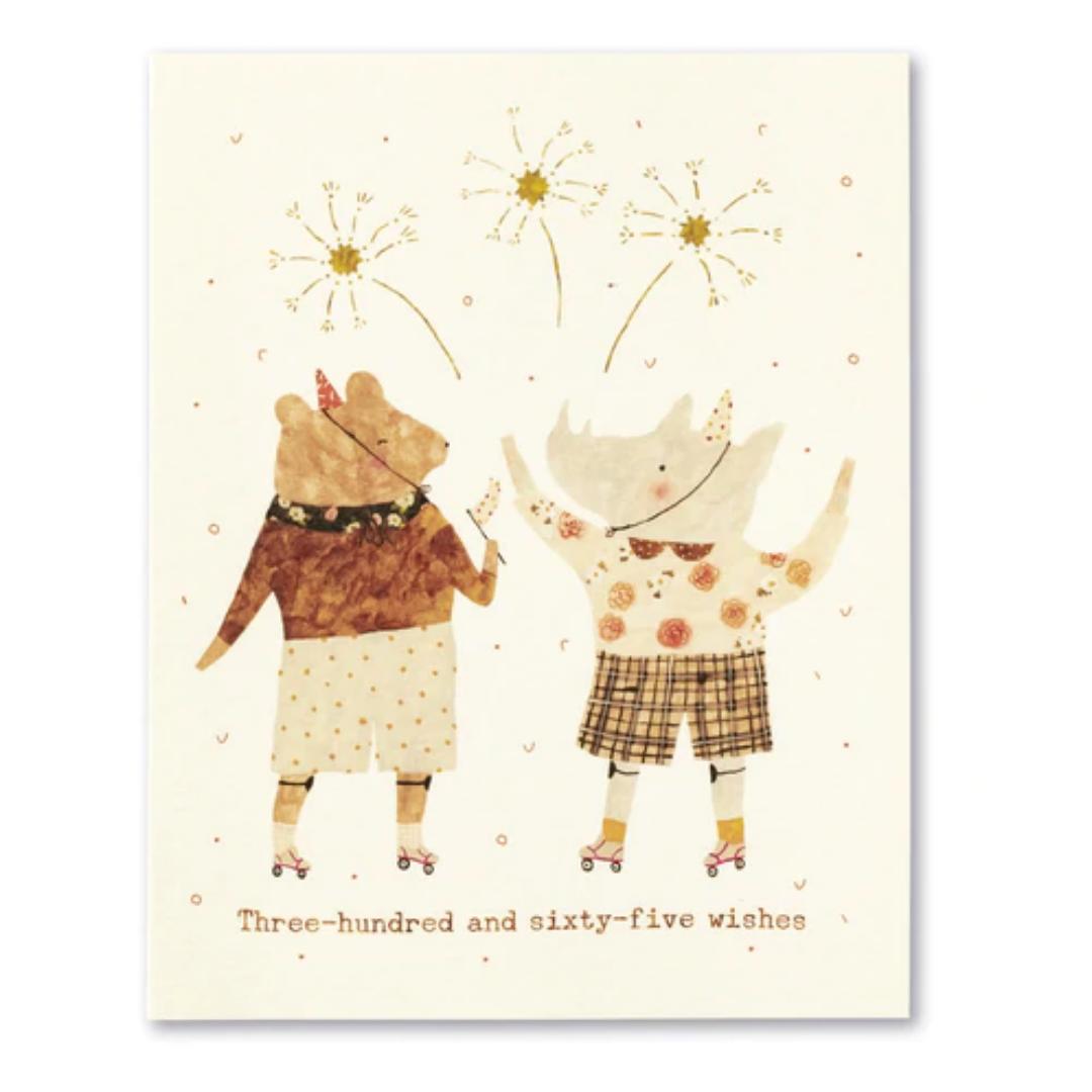 Illustration of a bear and a moon character holding fireworks with text 'Three hundred and sixty-five wishes' on a light background.