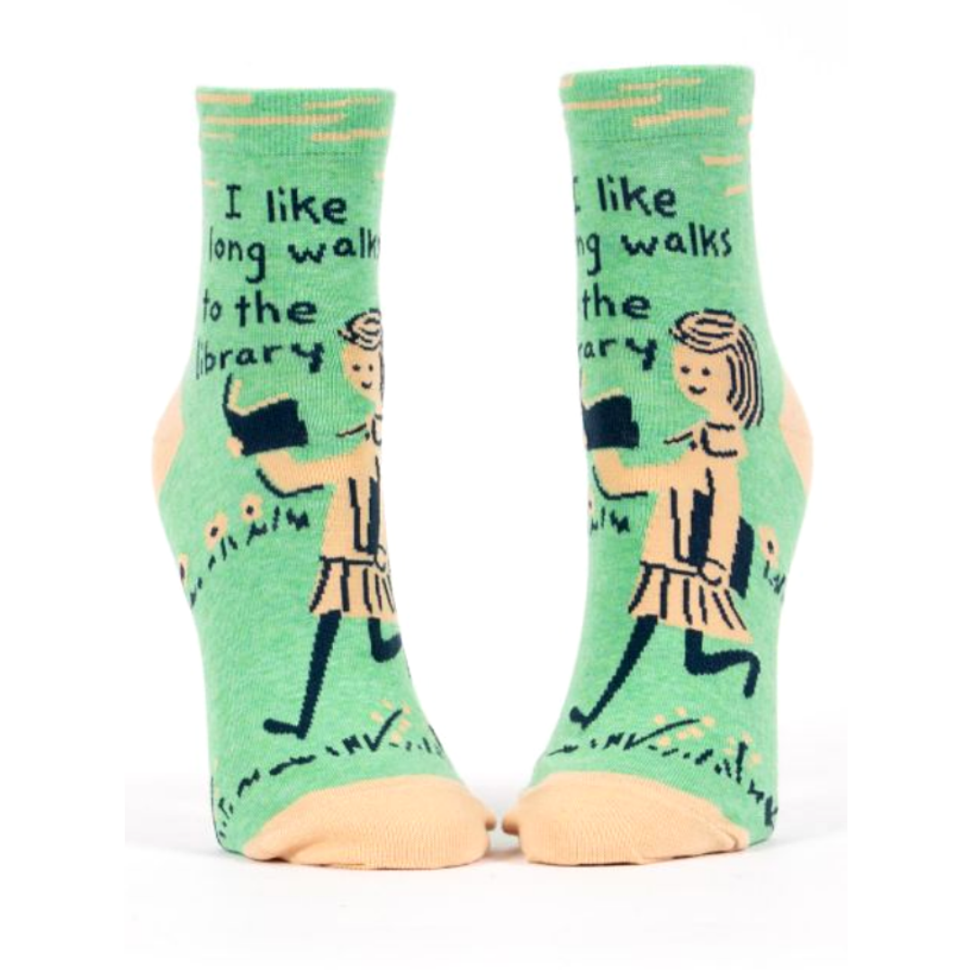 Women's Ankle Socks with I Like Long Walks to the Library Text