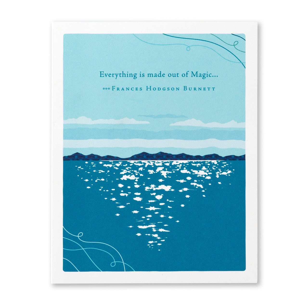 Framed artwork with a blue landscape and white text on a white background