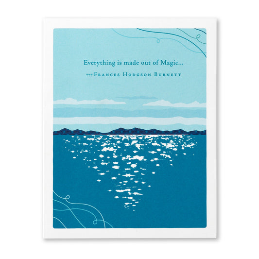 Framed artwork with a blue landscape and white text on a white background