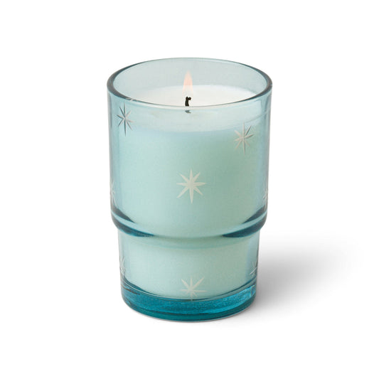 Noel 5.5 oz Etched Stars on Blue Transparent Glass Candle - White Woods & Mint