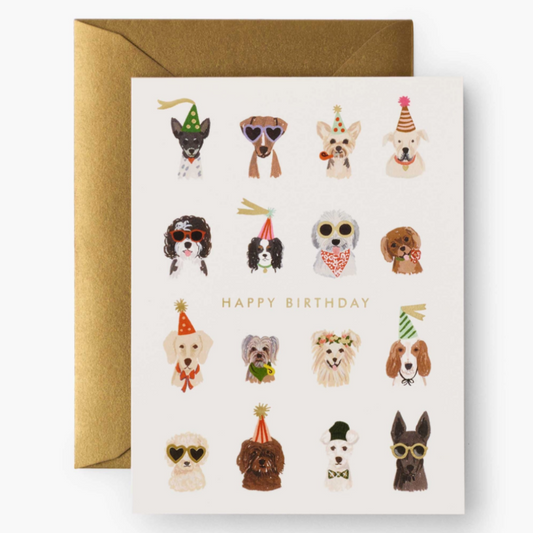 Greeting card with illustrations of dogs wearing birthday hats and accessories, with a gold envelope.