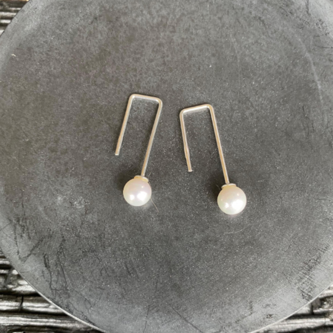 Pearl on Silver Squared Wire Earrings