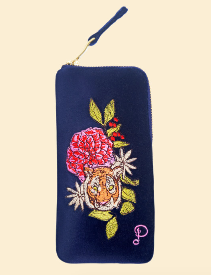 Velvet Glasses Pouch - Floral Tiger Face Indigo